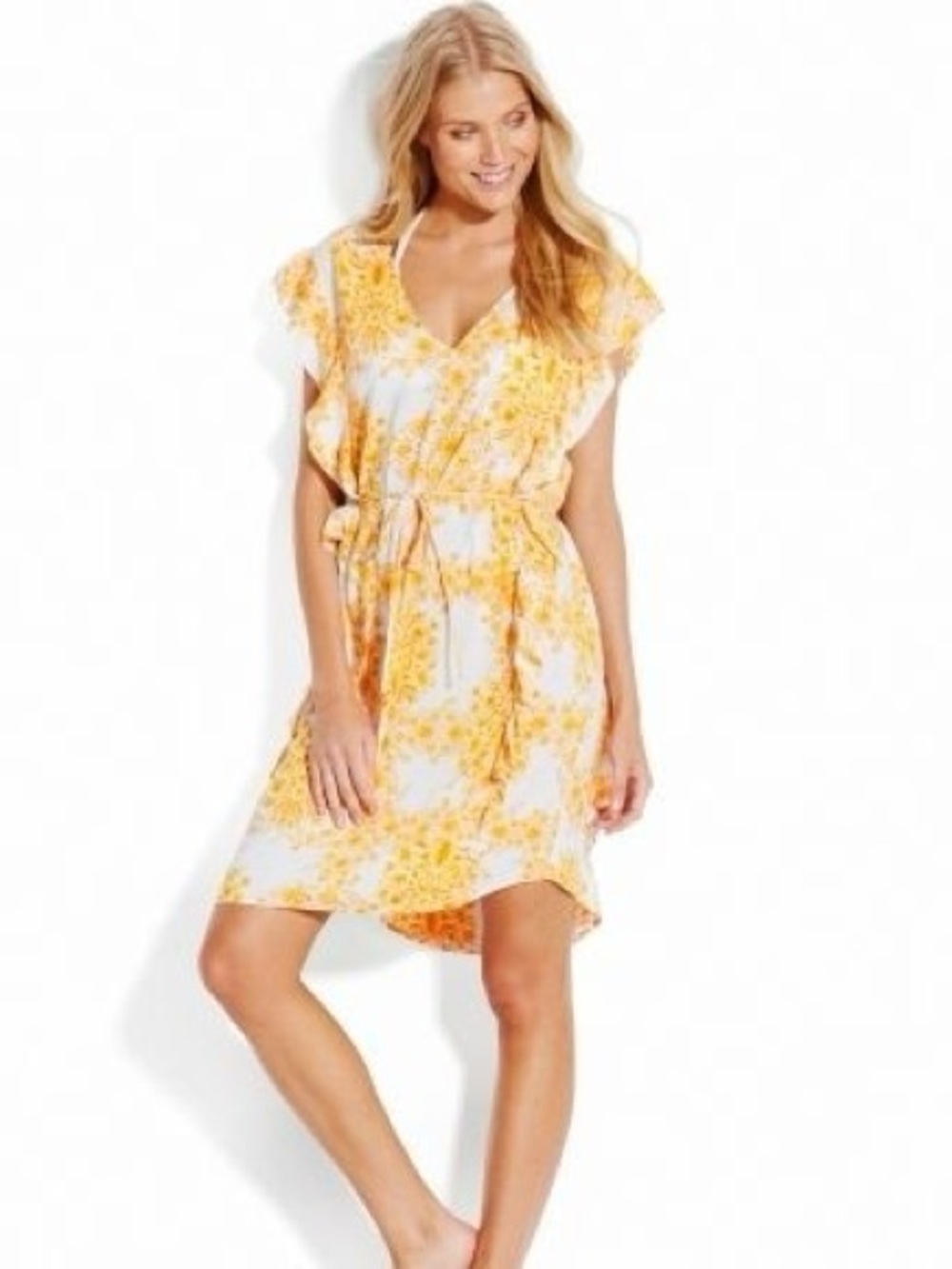 Seafolly Yellow Floral Ruffle Mini Dress XS Viscose Beach Cover Up Pullover Boho